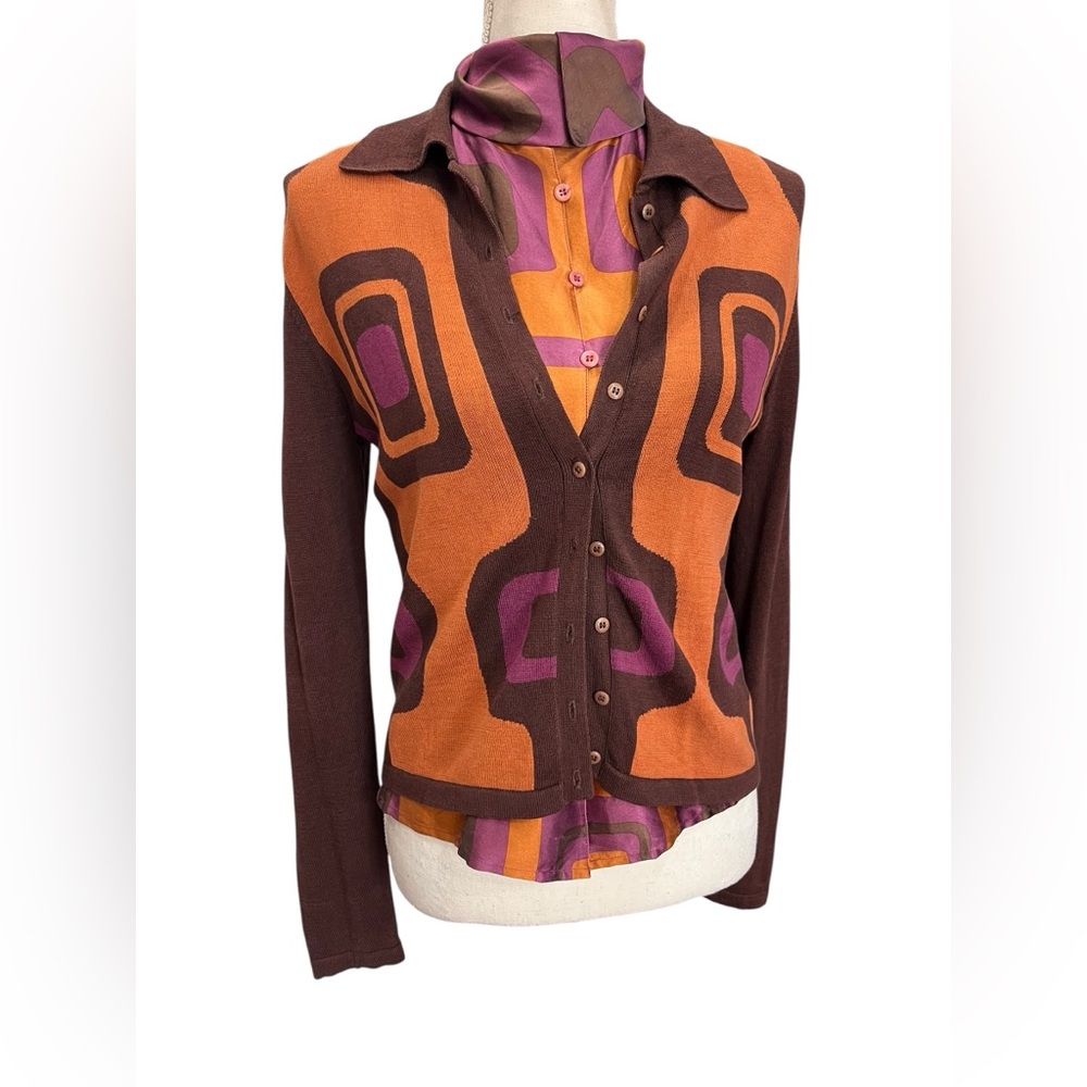 D. Terrell Silk Blend Twinset Cardigan Set Small Retro Mod 70s Geometric Top - Picture 9 of 16
